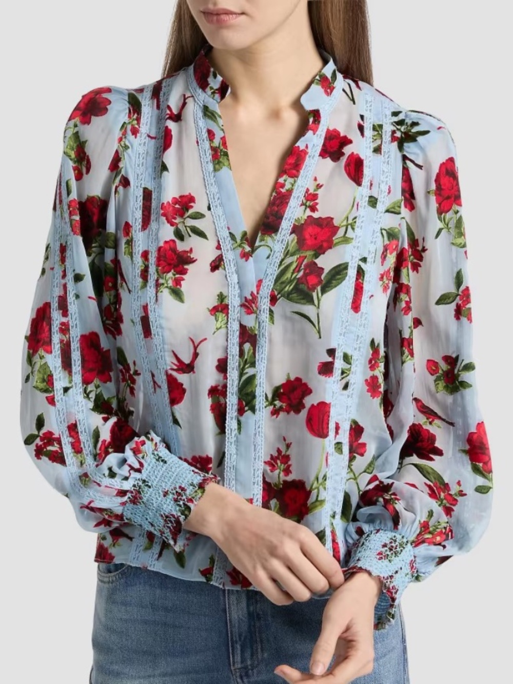 NEW! Alice + Olivia Arlette Collared Silk Blend Blouse Blue Red Floral Sz S $440